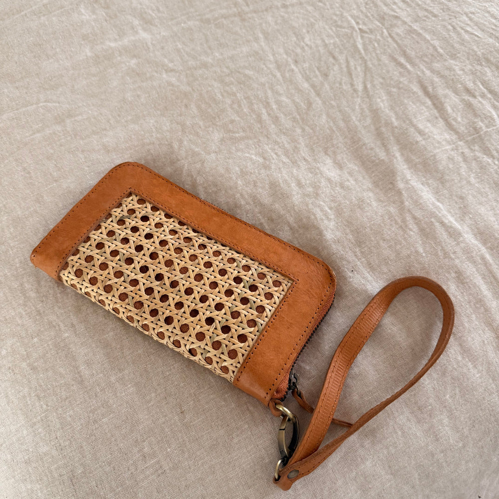 Leather and Rattan Clutch in tan by Ocean Luxe