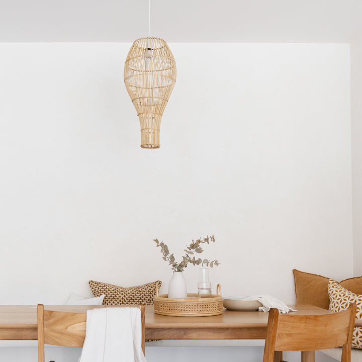 Albany rattan pendant light hanging in dining room_Ocean Luxe