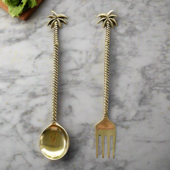 Brass salad servers with palm tree design by Ocean Luxe