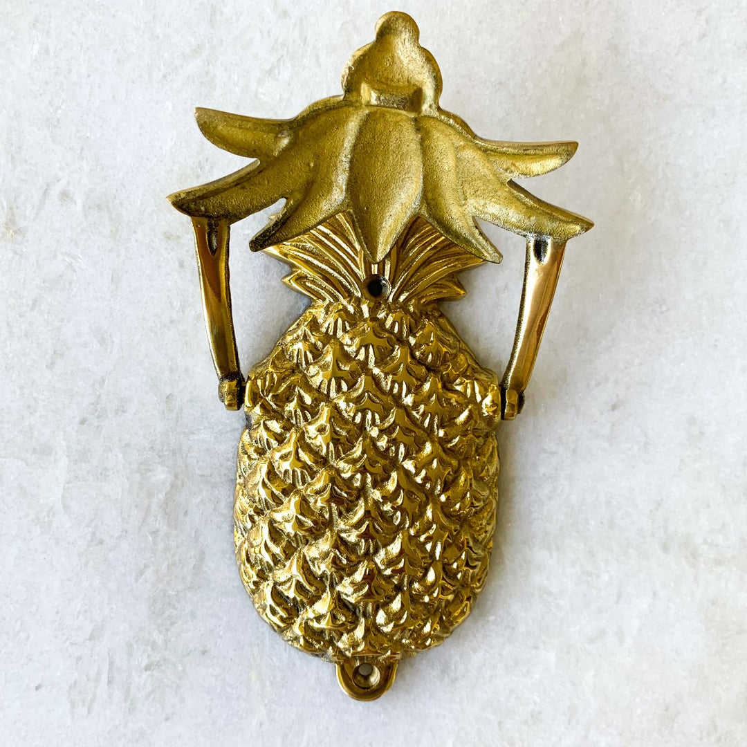Bright Gold Brass Pineapple Door Knocker with knocker plate raised by Ocean Luxe