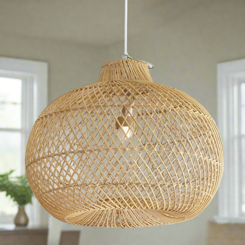 Canberra Rattan Pendant Light in living room by Ocean Luxe