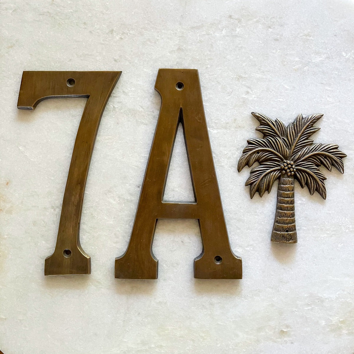 :Large Brass Number 7 and Letter A with palm tree plaque in antique finish by Ocean Luxe